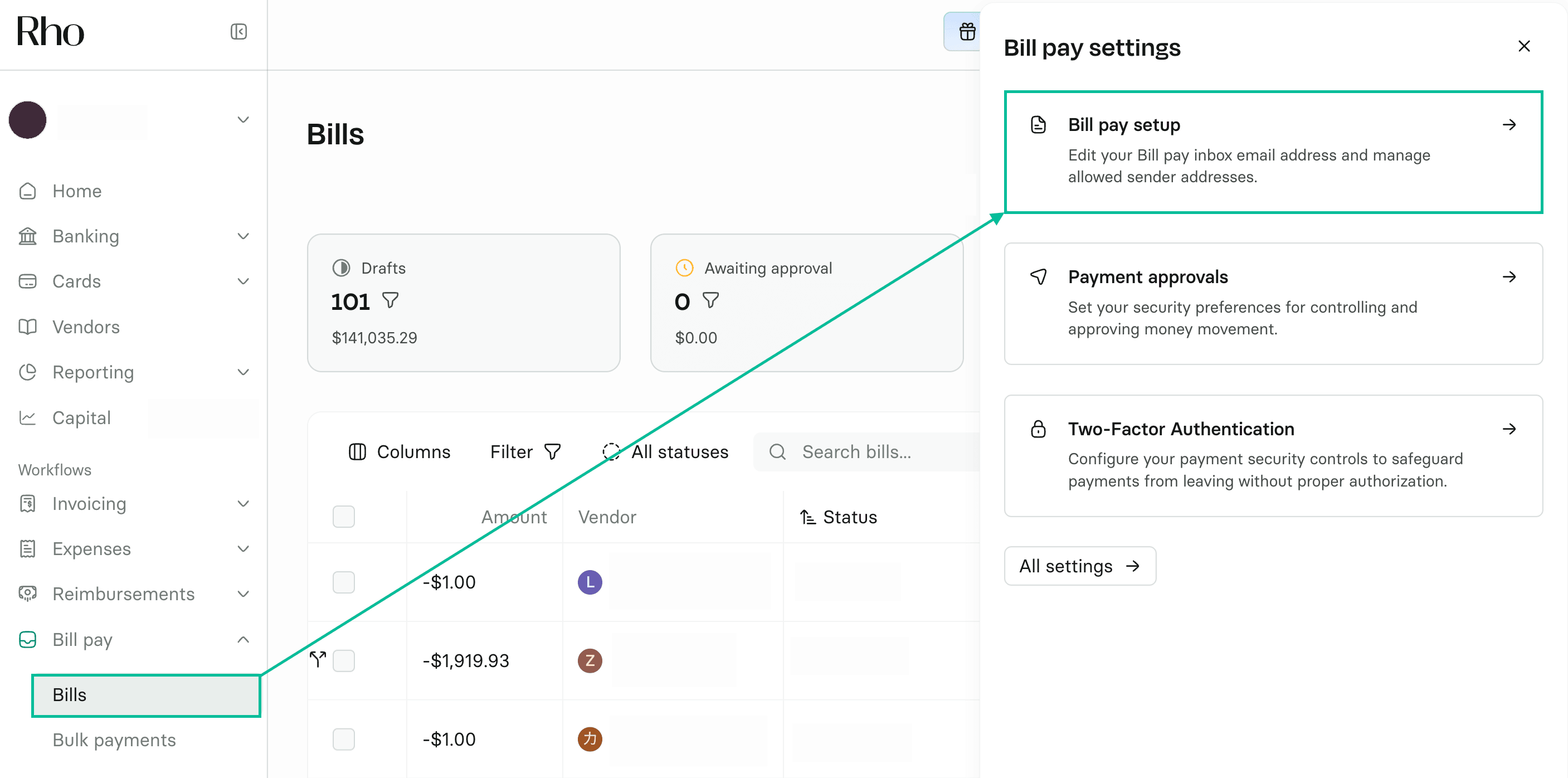 The Bills page with the Bill pay settings panel open and an arrow pointing to Bill pay setup
