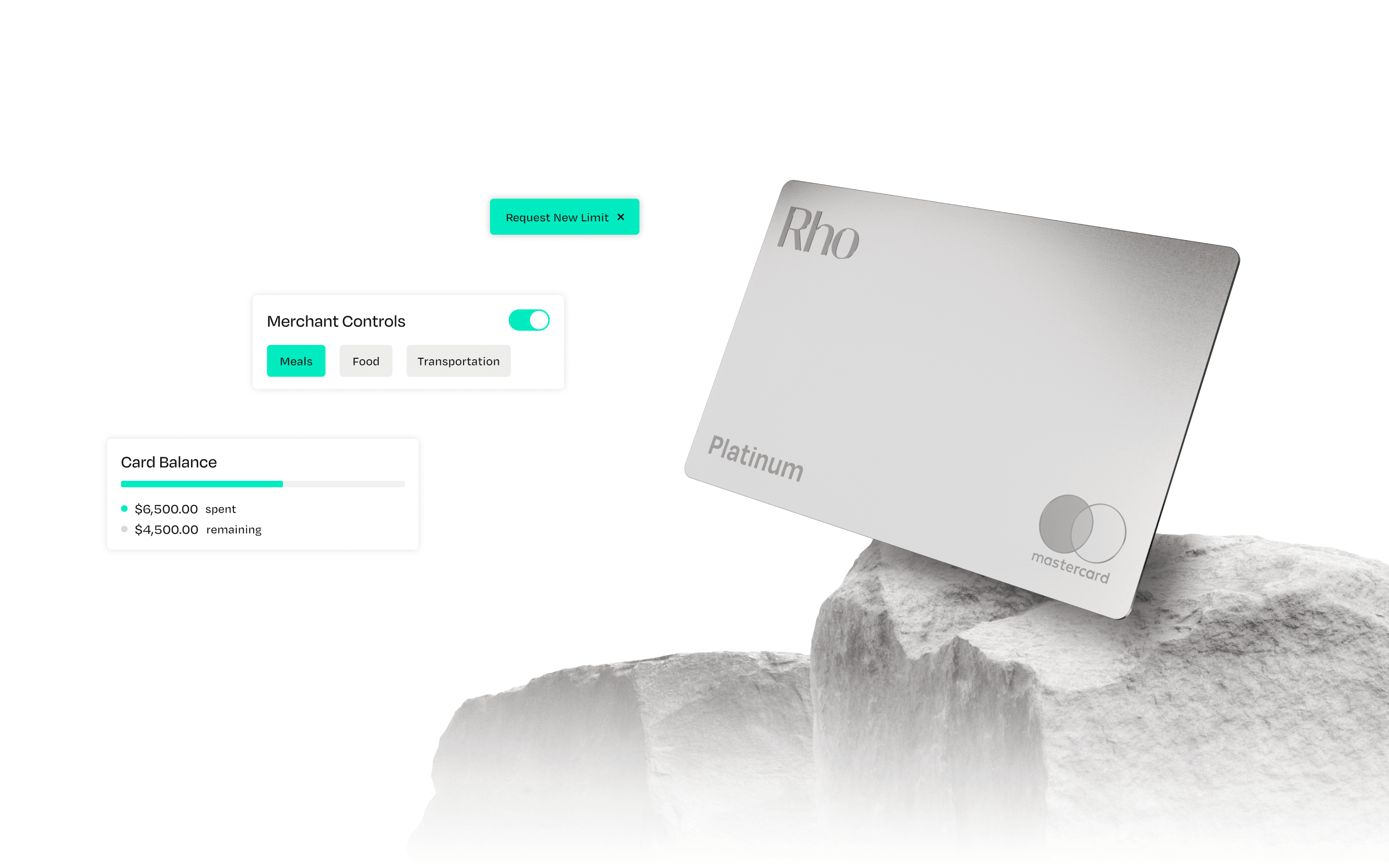 Silver Rho Platinum Mastercard displayed on rocks, with digital interface showing card balance, merchant controls, and request new limit option.