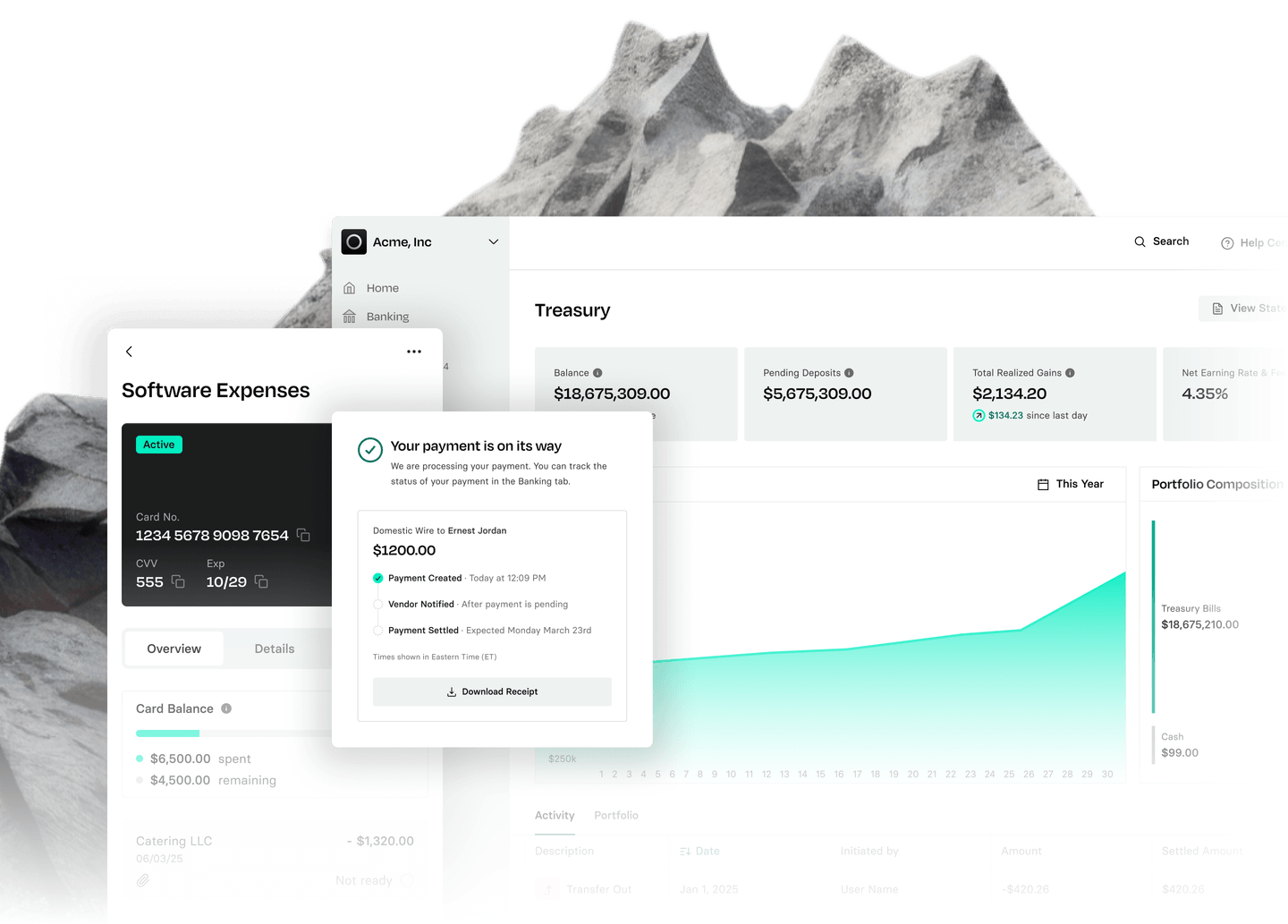 A digital dashboard showing financial software with charts, transaction details, and a payment confirmation overlay, set against a mountain backdrop.