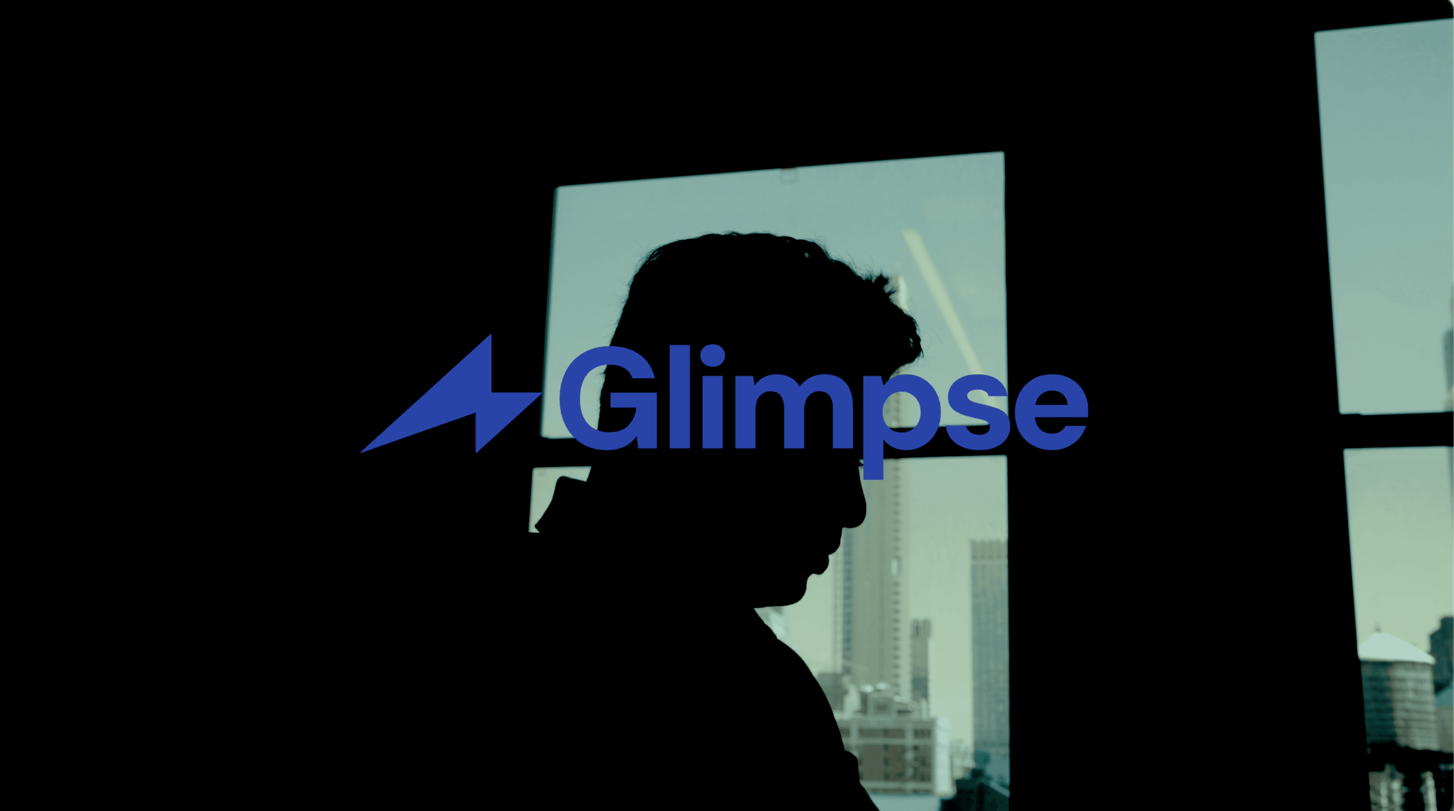 Glimpse logo over a silhouette of a person at an office window overlooking the city