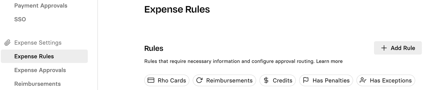 Screenshot of an "Expense Rules" section with options to add rules and buttons for "Rho Cards," "Reimbursements," "Credits," "Max Penalties," and "Max Exceptions."