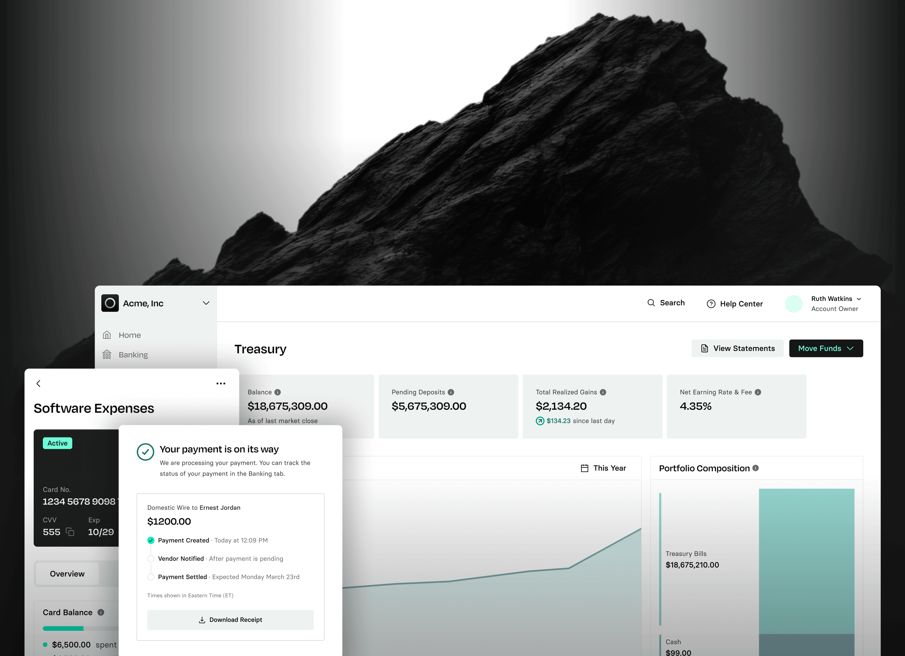 Three product screens featuring card spend, payments, and our accounts dashboard overlayed on a background of a dark mountainous boulder.