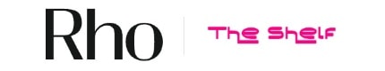 Logos for "Rho" in black and "The Shelf" in pink futuristic font on a white background.