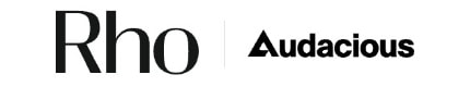 Text logo with "Rho" and "Audacious" in black, featuring a triangular shape for the letter A in "Audacious."
