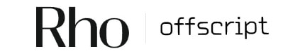"Rho offscript" logo with modern, black typography on a white background.