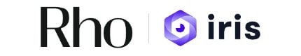 Text logo with "Rho" in black serif font, a hexagonal purple icon, and "iris" in black sans-serif font.