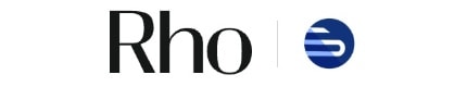 Black text "Rho" with a vertical line and a blue circle featuring a stylized white "R" on the right.