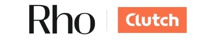 Logos of "Rho" in black text and "Clutch" in white text on an orange background, side by side.