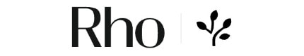 "Rho logo with stylized black text and a simple leafy branch icon on a white background."