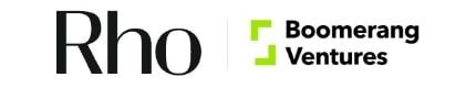 Logos for "Rho" in black text and "Boomerang Ventures" in black text with green angle brackets.