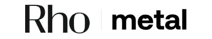 Stylized text logo "Rho metal" in contrasting thin and bold black fonts on a white background.