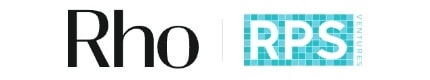 Logos of Rho in black serif font and RPS Ventures in white font on a turquoise grid background, side by side.