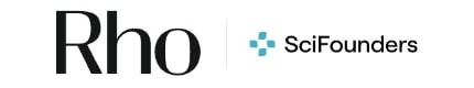 Logo with "Rho" in black text and "SciFounders" in black text with a blue cross symbol to the left.