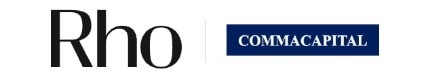 Logo featuring "Rho" in black text and "COMMACAPITAL" in white on a blue background.