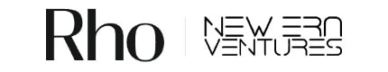 Black text logo reads "Rho" on the left and "NEW ERA VENTURES" on the right in modern fonts on a white background.