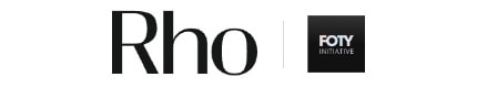 Black text "Rho" and a black square with "FOTY INITIATIVE" on a white background.
