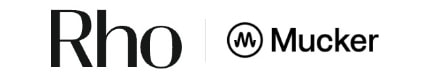 "Logos of Rho and Mucker, with Rho in bold black letters and Mucker featuring a circular design incorporating a wave pattern."