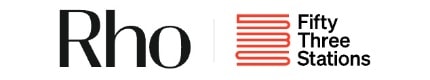Logos of "Rho" in black text and "Fifty Three Stations" with red horizontal lines resembling book spines to the left.