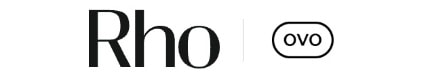 Text logo with "Rho" and an oval containing "OVO" in black letters on a white background.