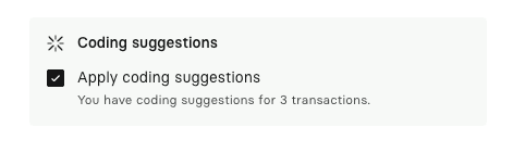 Checkbox labeled "Apply coding suggestions" checked, indicating 3 transactions with coding suggestions available.