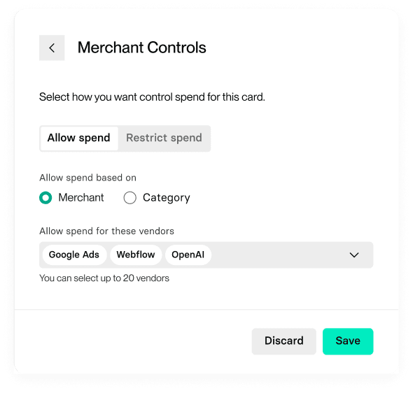 Merchant Controls interface showing options to allow or restrict spending by merchant, with vendors Google Ads, Webflow, and OpenAI selected. Save and Discard buttons are visible.