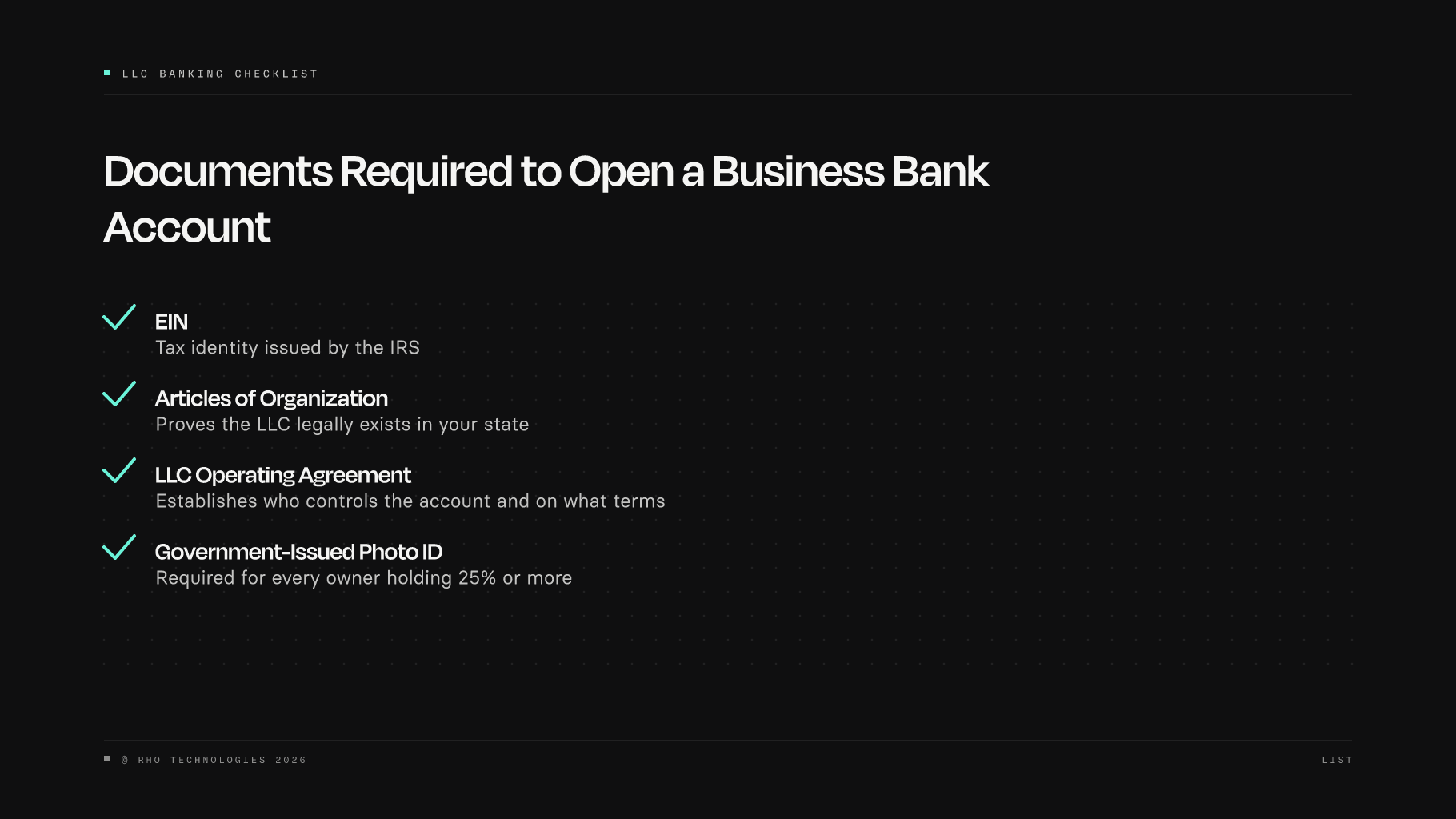 Checklist of documents required to open a business bank account for an LLC