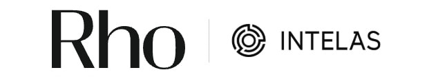 "Rho and Intelas logos side by side, with a circle and line design in the Intelas logo."