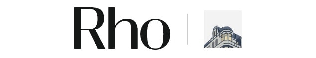 Logo with the word "Rho" in bold black text next to a stylized illustration of a building corner with windows.