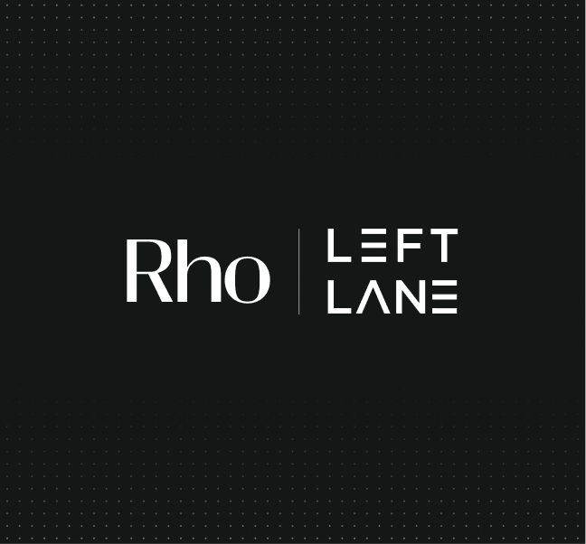 Black background with white text displaying "Rho" and "LEFT LANE" separated by a vertical line, with a subtle dotted grid pattern.