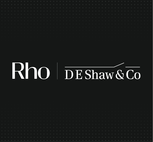 Black background with white text showing "Rho" and "D E Shaw & Co" separated by a vertical line.