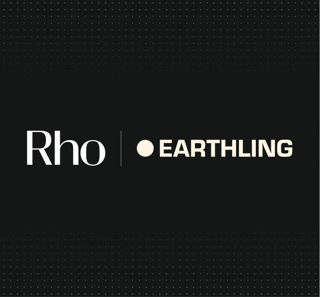 Black image with white text "Rho" and "EARTHLING" separated by a vertical line and a dot. Subtle grid pattern in the background.