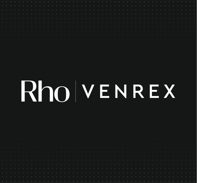 Logo with white text "Rho | VENREX" on a black background with subtle dotted pattern.