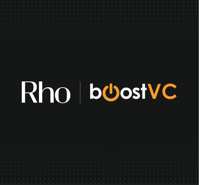 Logos of Rho and Boost VC on a black dotted background, with Boost VC's "o" styled as a power symbol.