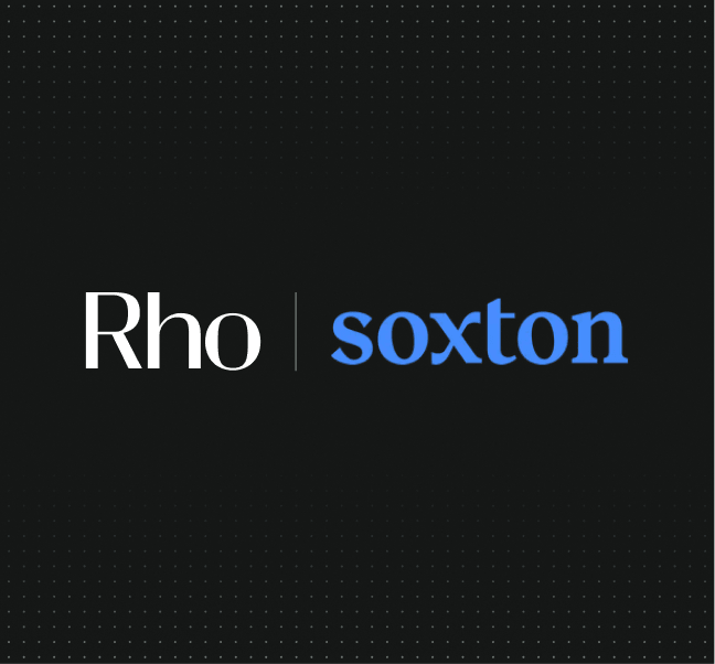 "Rho" in white and "soxton" in blue on a black dotted background, separated by a vertical line.