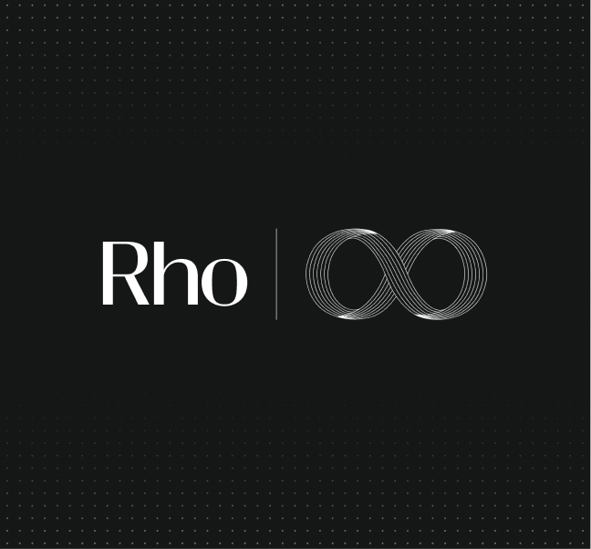 The image features the word "Rho" and an infinity symbol made of interwoven lines on a black background with subtle dotted patterns.
