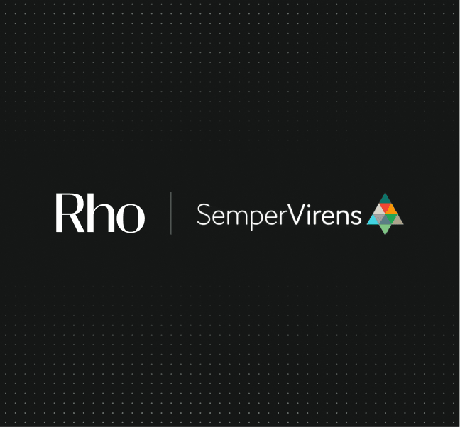 Black background with "Rho" and "SemperVirens" logos, separated by a vertical line. A colorful triangular pattern accompanies "SemperVirens."