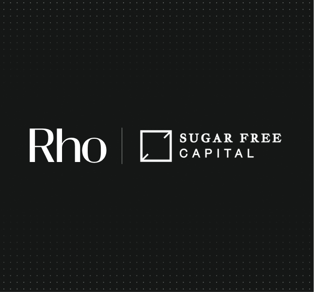 Black background with white text: "Rho" and "Sugar Free Capital" separated by a vertical line, alongside a square logo.