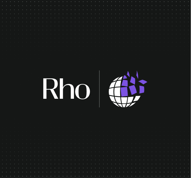 "Rho logo with a stylized globe and purple geometric shapes on a dark background."