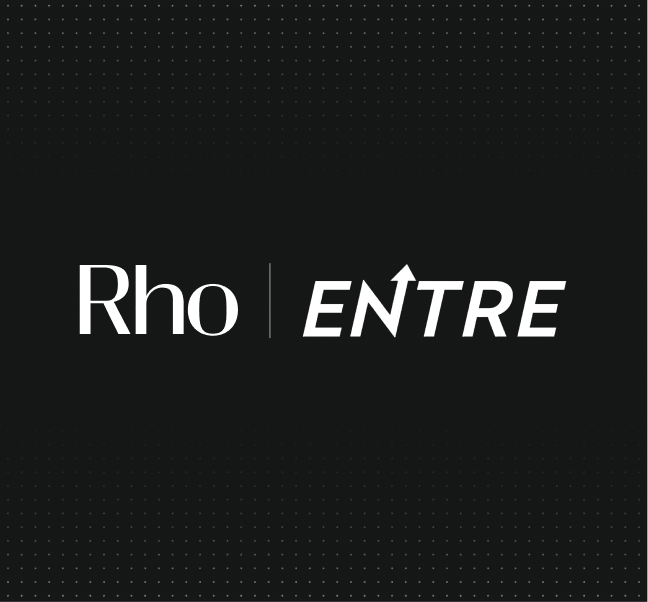 Black background with "Rho | ENTRE" in white. The 'T' in "ENTRE" features an upward arrow, suggesting growth or progress.