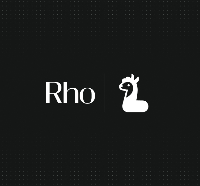 Black background with the word "Rho" and a stylized white llama logo to the right.