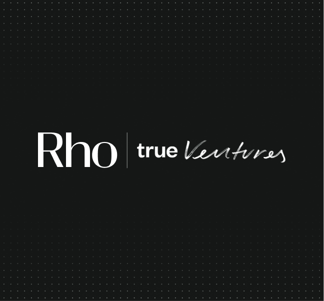 Logo with "Rho" in bold white and "true Ventures" in script on a black dotted background.