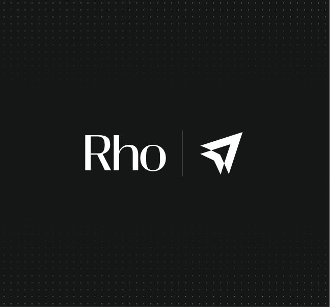 Black background with the word "Rho" and a white paper plane icon beside it. Subtle dotted pattern in the background.