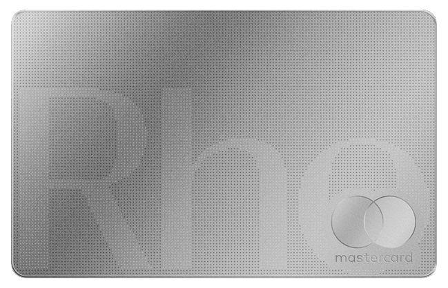 A silver, textured metal credit card with "Rho" subtly embossed and the Mastercard logo in the lower right corner.
