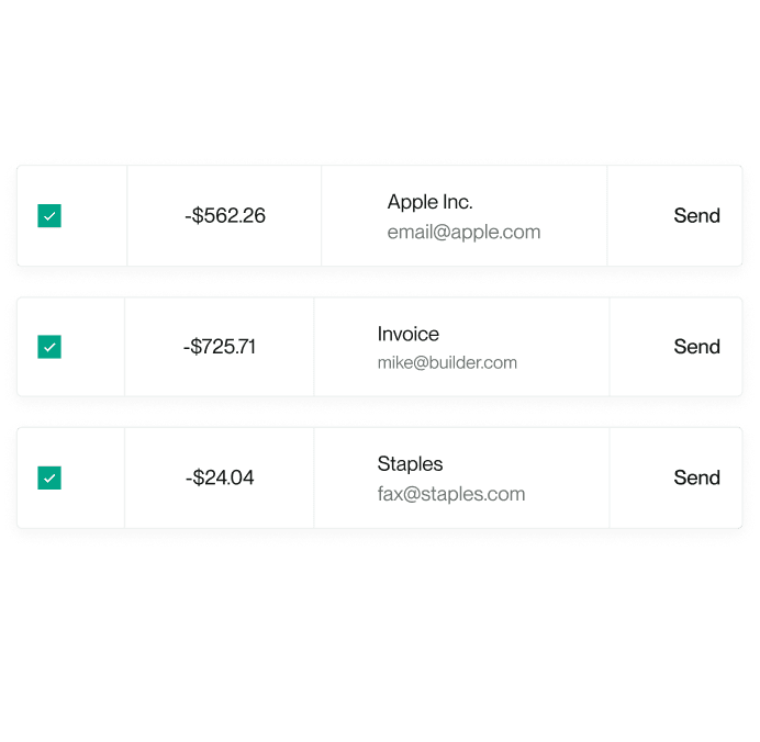 Three payment items with amounts: $562.26 for Apple Inc., $725.71 for an Invoice, and $24.04 for Staples. All are marked and ready to send.