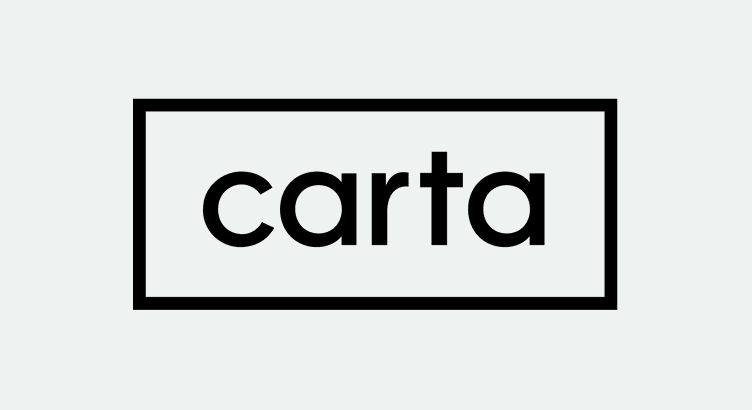 The image displays the word "carta" in bold, black lowercase letters, centered within a black rectangular border on a light gray background.