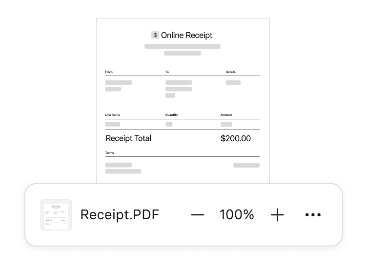 Online receipt displayed with a total of $200, and a highlighted PDF file named "Receipt.PDF" below, showing viewing options.