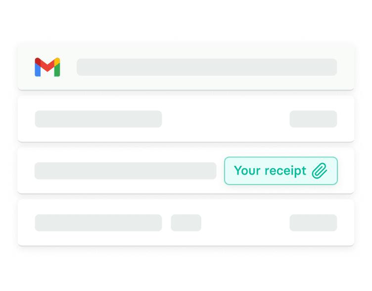 Email inbox with multiple messages, one labeled "Your receipt" with an attachment icon, and the Gmail logo at the top.
