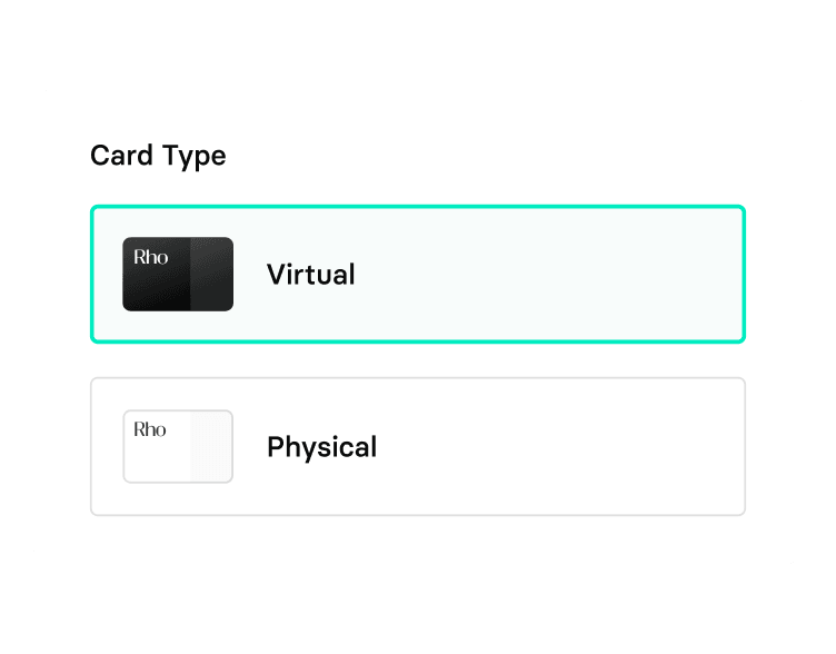 Card selection interface showing two options: a highlighted "Virtual" card and an unselected "Physical" card.