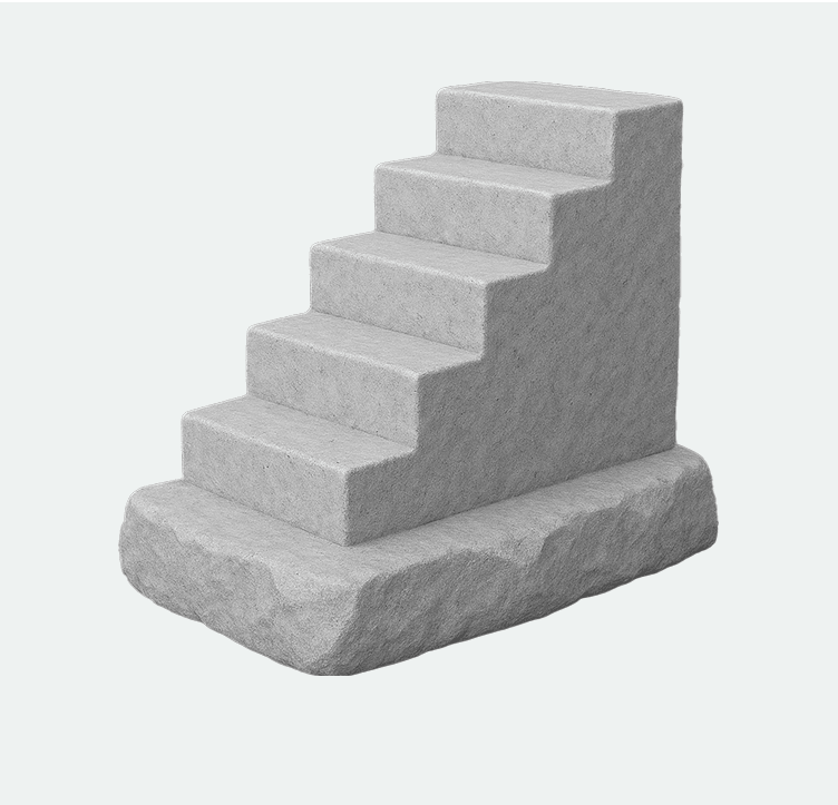 A small, gray stone staircase with five steps, set on a rough, rectangular base.