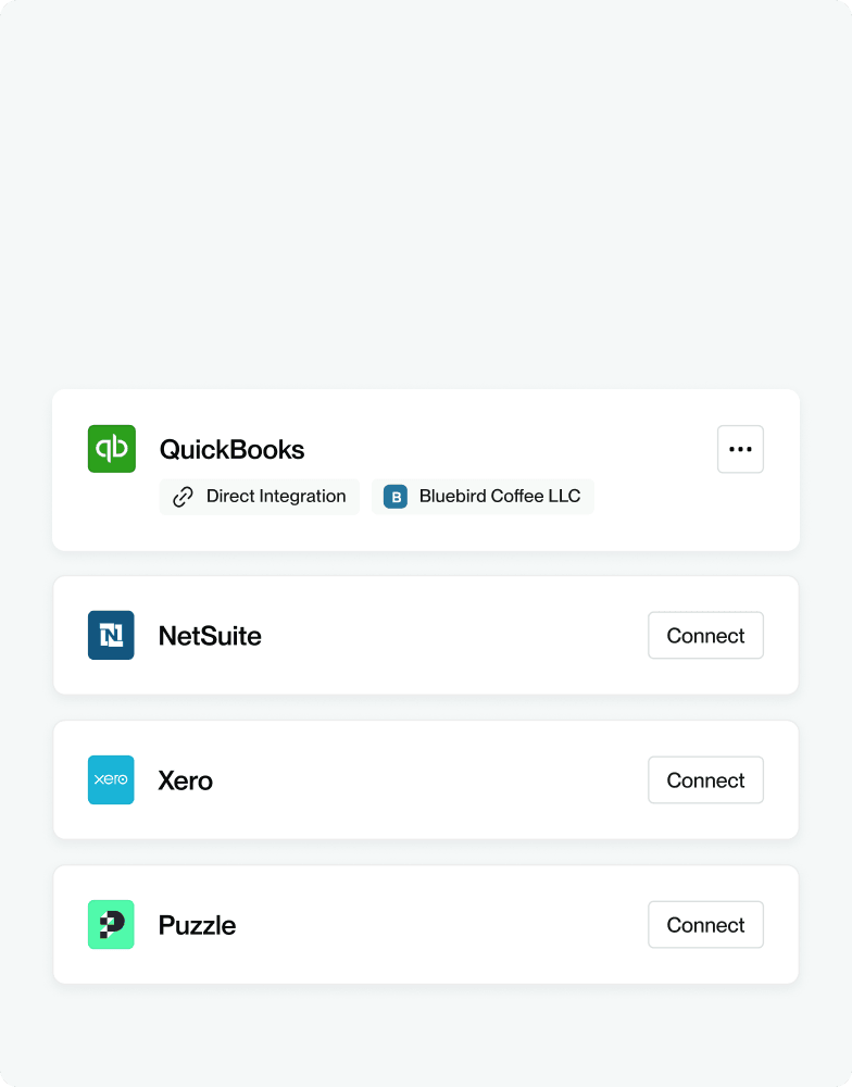 Interface showing integration options for QuickBooks, NetSuite, Xero, and Puzzle with Connect buttons for each, and QuickBooks already integrated.